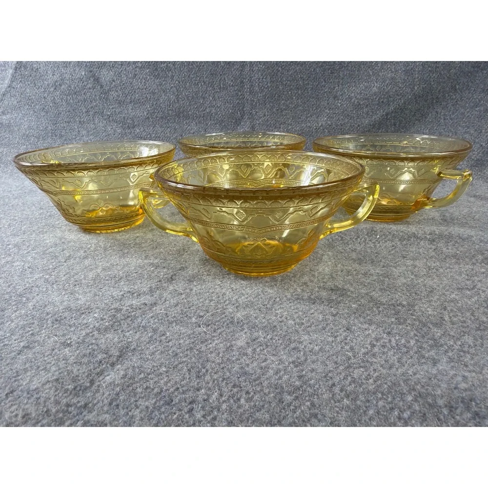Federal Glass Patrician Spoke Bouillon Cups Set 4 Amber Depression Glass Vintage